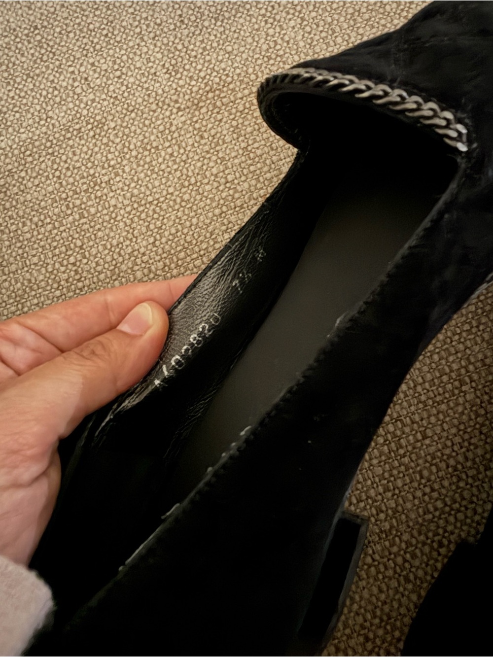 Stuart Weitzman Black Quilted Suede Loafers with Chain Trim - Picture 2 of 3
